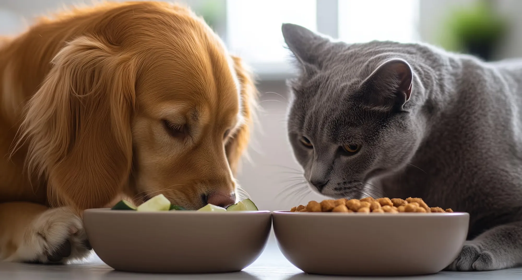 Un golden retriever e un gatto grigio mangiano ciascuno dalla propria ciotola