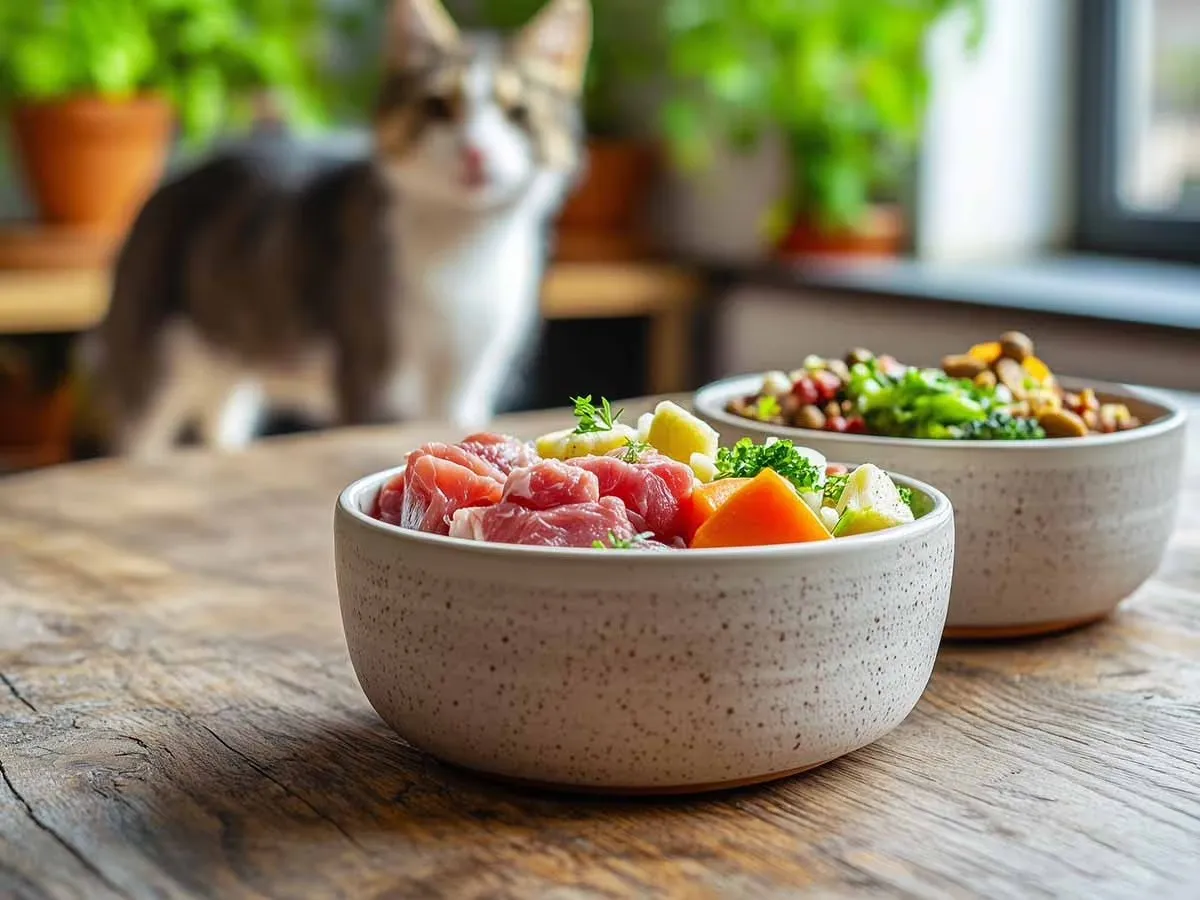 Due ciotole di cibo fresco con carne e verdure su un tavolo, con un gatto sullo sfondo